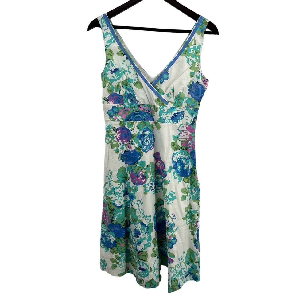 Boden V Neck Floral Fit‎ and Flare Dress White with Blue Size 10